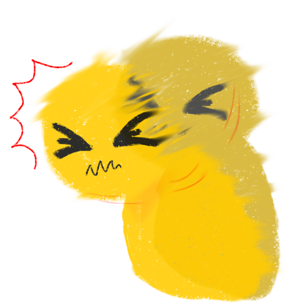  A small, yellow, cartoonish creature with a head jerk tic. It has squint deyes,  and its head is rapidly jerking forward. There are red exclamation lines above its head, and its mouth is squiggled.